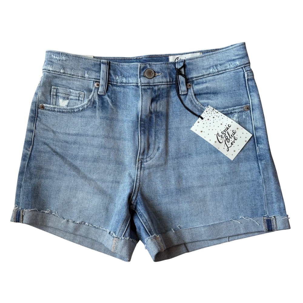 Cosmic Blue Love Womens High Rise Distressed Denim Shorts Size 26 NWT